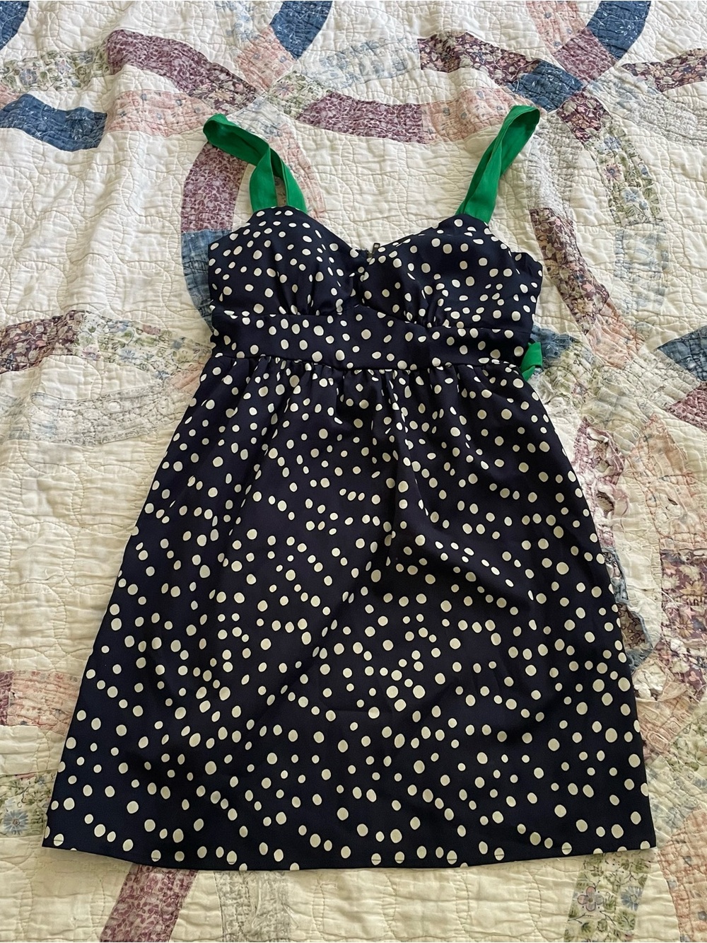 VINTAGE Forever 21 Navy Polka Dot Mini Dress with Green Straps